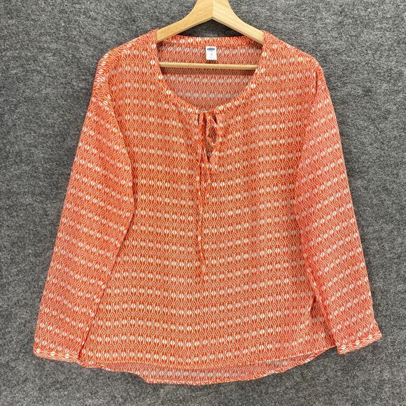 Old Navy Tops - New Old Navy Blouse Women XS Red Geometric Tasseled Long Sleeve Round Neck Sheer